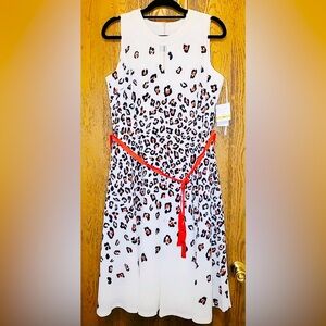 Danny & Nicole Cheetah Print Dress with Peekaboo Hold and Red Ribbon Belt | NWT
